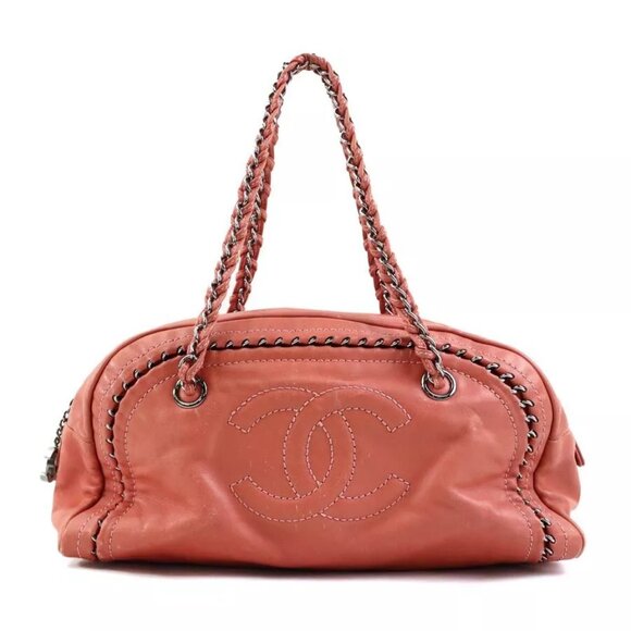 Auth CHANEL Chain Handbag Orange Pink Leather - Picture 1 of 15